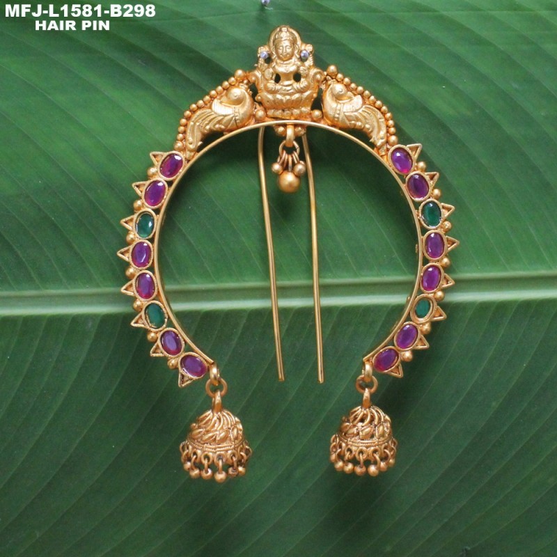 1 Gram Gold Dip Ruby & Emerald Stones Flowers, Fish & Peacock Design With Pearls Hair Pin Buy Online