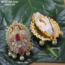 CZ, Ruby & Emerald Stones Peacock Design With Pearls Drops Gold Plated Finish Saree Pin Buy Online