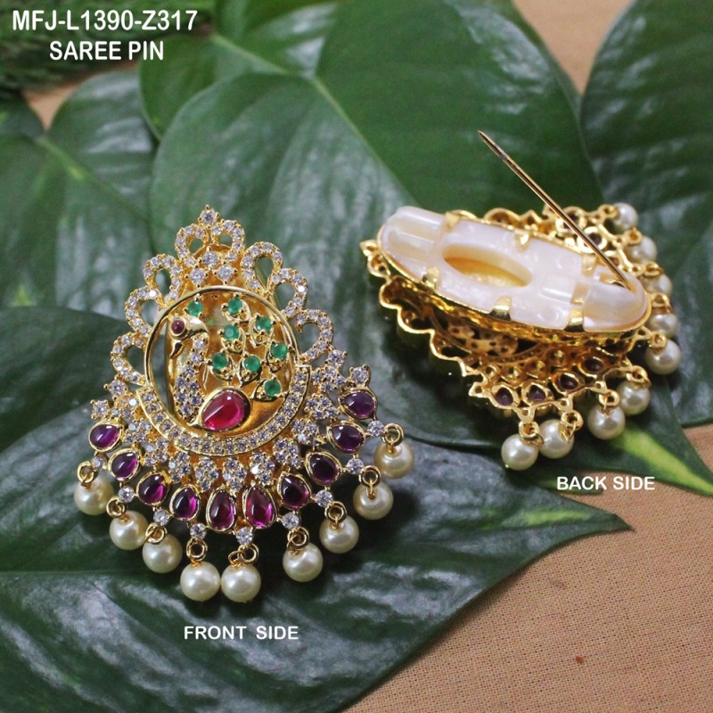 CZ, Ruby & Emerald Stones Peacock Design With Pearls Drops Gold Plated Finish Saree Pin Buy Online