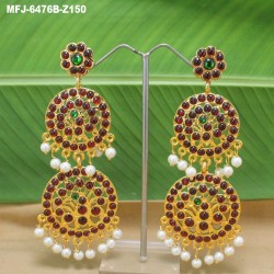 Kempu & Multicolour Stones With Pearls 3 Step Flowers & Peacock Design Earrings For Bharatanatyam Dance And Temple Buy Online