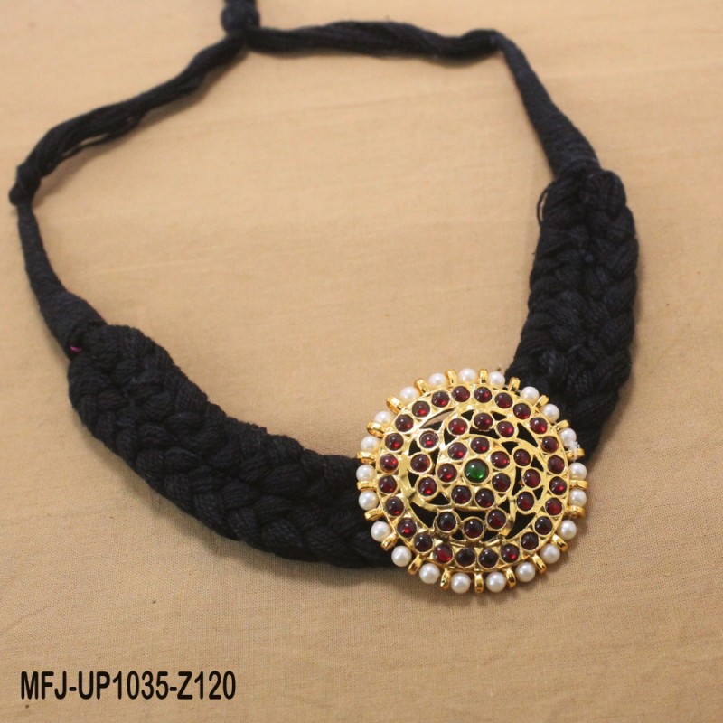 Kempu Stones Golden Colour Polished Mango & Peacock Design Pendants With Black Thread Necklace Buy Online