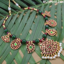 Red & Green Colour Beads With Golden Colour Polished Mango & Flowers Design Pendants Necklace Set Buy Online