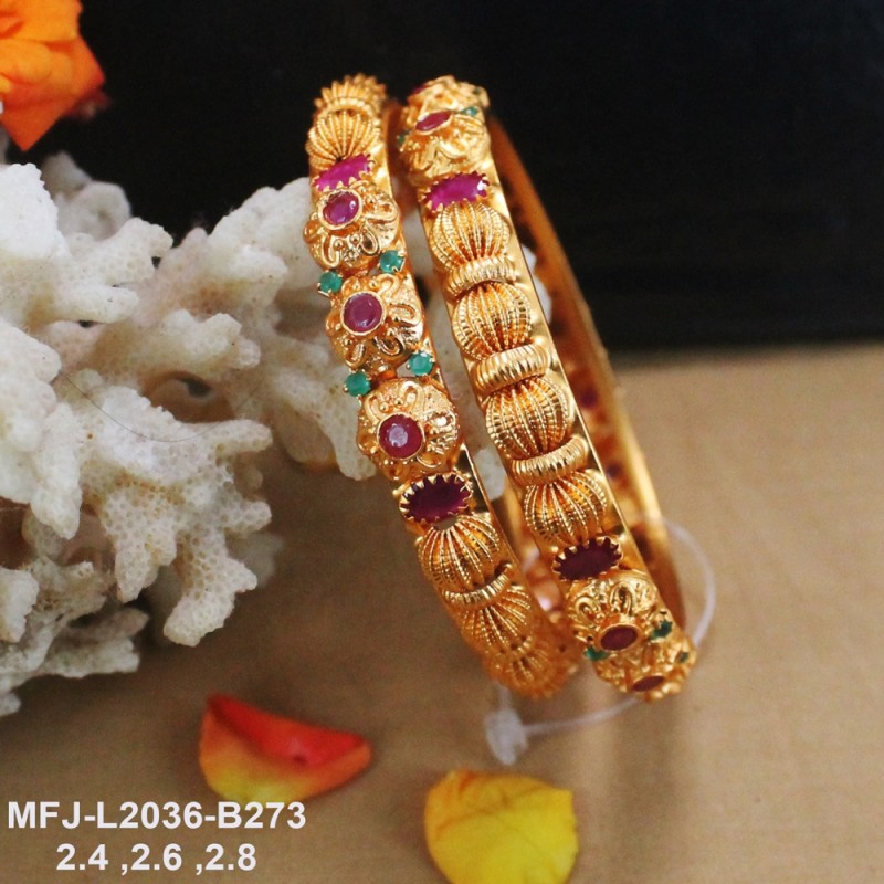 2.4 Size Ruby & Emerald Stones Flowers Design Mat Finish Two Set Bangles Buy Online