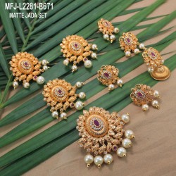 CZ, Ruby & Emerald Stones With Pearls Drops Peacock & Thilakam Design Mat Finish 9 PC Jada Set Buy Online