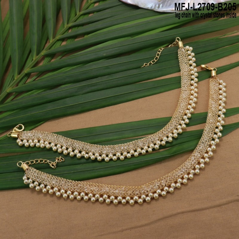 Gold Plated Finish Anklet With White Crystal Stones Inside and Pearls Buy Online
