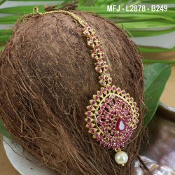 CZ, Ruby & Emerald Stones Thilakam & Leaves Design With Pearls Gold Plated Finish Headset Buy Online