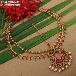 Ruby & Emerald Stones Flowers & Thilakam Design With Pearls Drops Gold Plated Finish 3 Side Headset Buy Online