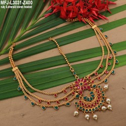 Ruby & Emerald Stones Flowers & Leaves Design With Pearls Drops Gold Plated Finish 3 Side Headset Buy Online
