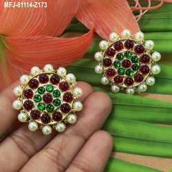 High Quality Kempu & CZ Stones Flower Design Earrings For Bharatanatyam Dance And Temple Buy Online