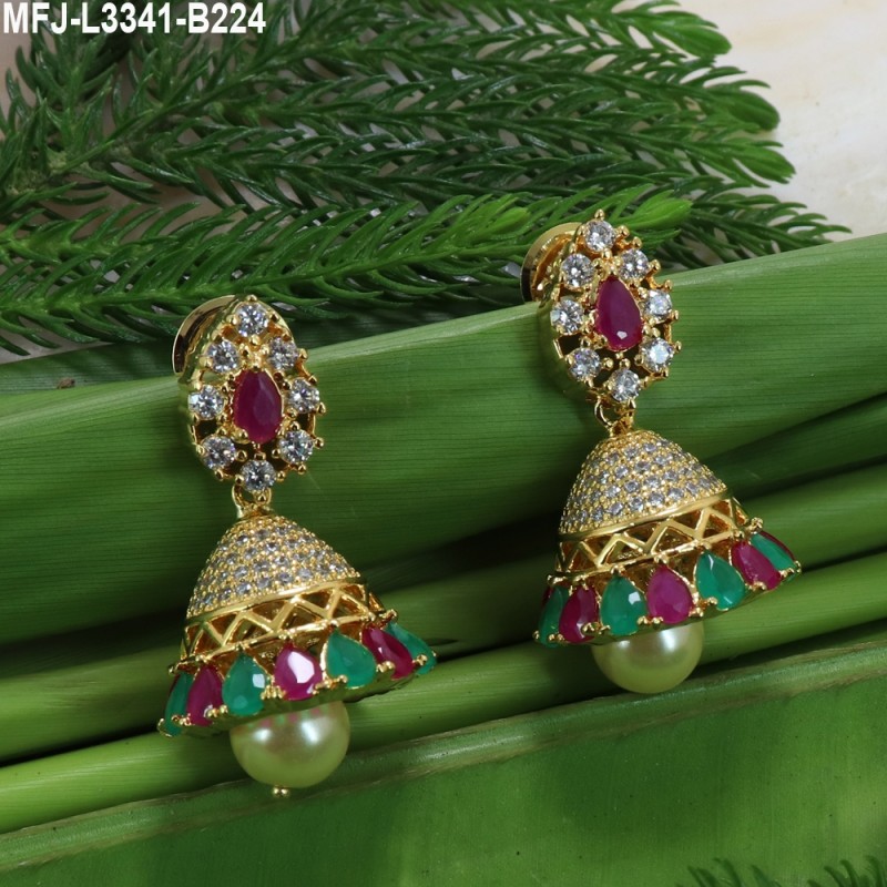 CZ,Emerald Stones With Pearls Flowers Design Gold Plated Finish Jumki Buy Online