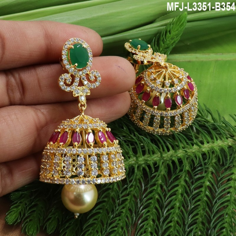 CZ,Ruby & Emerald Stones With Pearls Flower Design Gold Plated Finish Jumki Buy Online