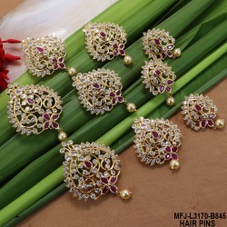 CZ & Ruby Stones With Pearls Drops Flowers Design Gold Plated Finish 9 PC Hair Pins Set Buy Online