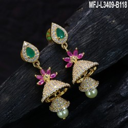 CZ,Ruby & Emerald Stones With Pearls Flower Design Gold Plated Finish Jumki Buy Online