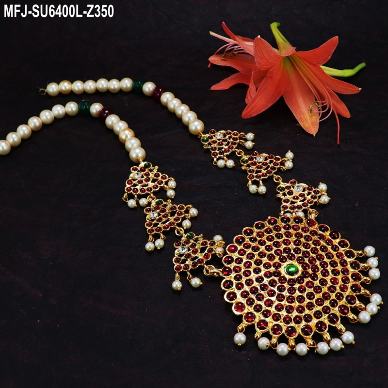 Kempu Stones With Four Line Pearls & Flowers Design Haram For Bharatanatyam Dance And Temple Buy Online