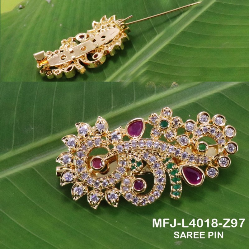 CZ & Ruby Stones Peacock & Flowers Design Gold Plated Finish Saree Pin Buy Online