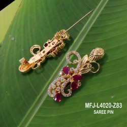 CZ & Ruby Stones Peacock & Flowers Design Gold Plated Finish Saree Pin Buy Online
