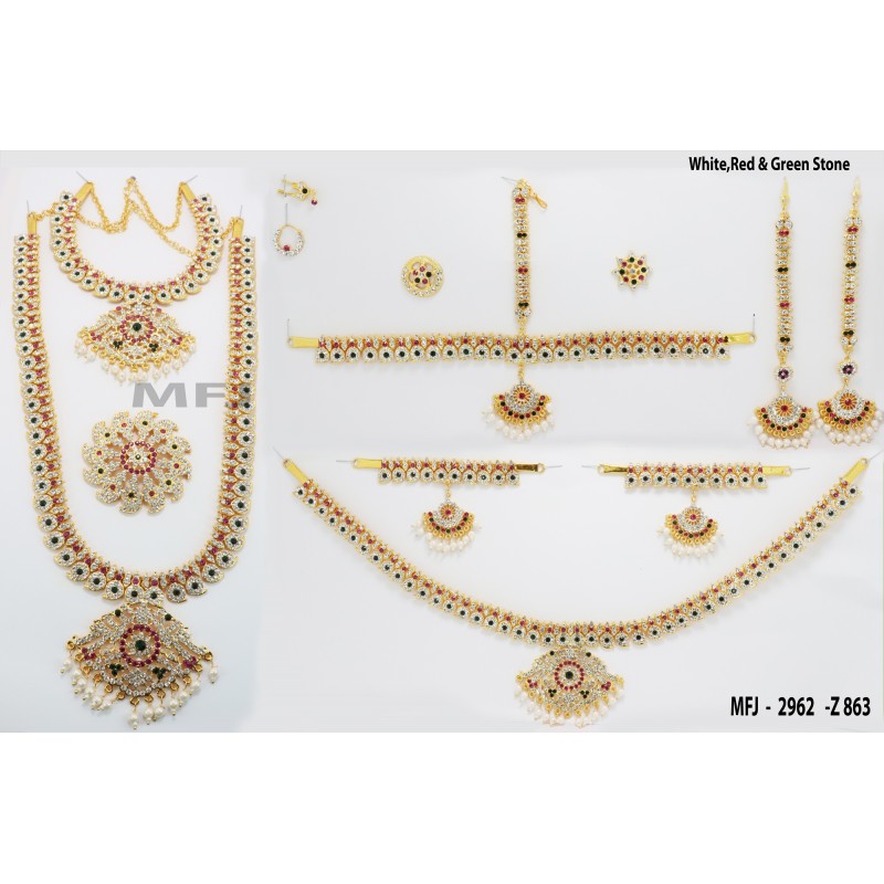 White & Pink Colour Stones Flowers & Mango Design Gold Colour Polished Combo Dance Set For Barathanatyam & Temple Buy Online