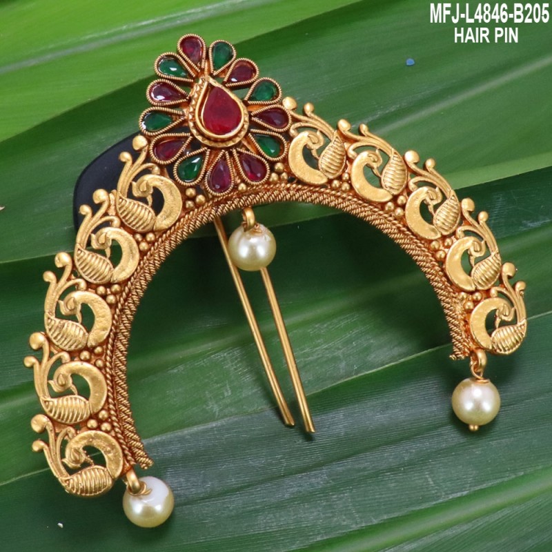 Ruby Stones Peacock & Flowers Design With Pearls Mat Finish Hair Pin Buy Online