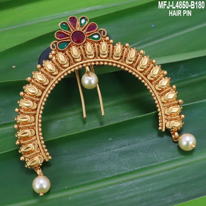 Ruby Stones Flowers & Leaves Design With Pearls Mat Finish Hair Pin Buy Online