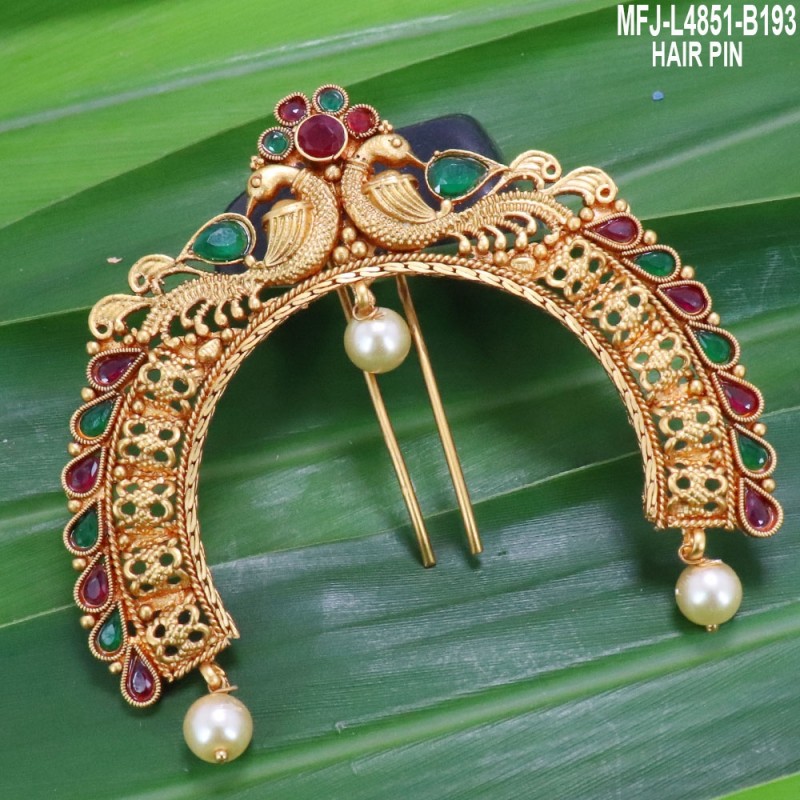 Ruby & Emerald Stones Flowers & Leaves Design With Pearls Mat Finish Hair Pin Buy Online