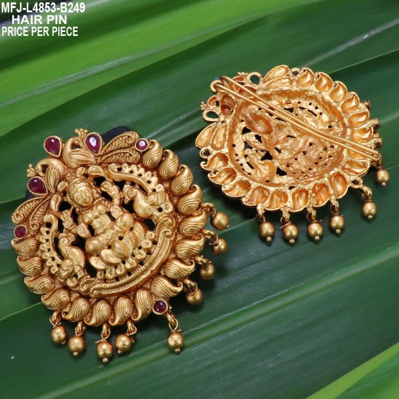 Ruby & Emerald Stones Lakshmi & Peacock Design With Balls Drops Mat Finish Hair Pin Buy Online