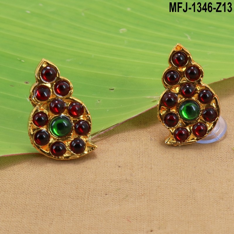 Kempu & Multicolour Stones With Pearls Round Shaped Flower Design Earrings For Bharatanatyam Dance And Temple Buy Online