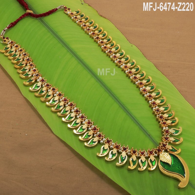 Kempu Stones With Single Line Pearls, Peacock & Flowers Design Haram For Bharatanatyam Dance And Temple Buy Online