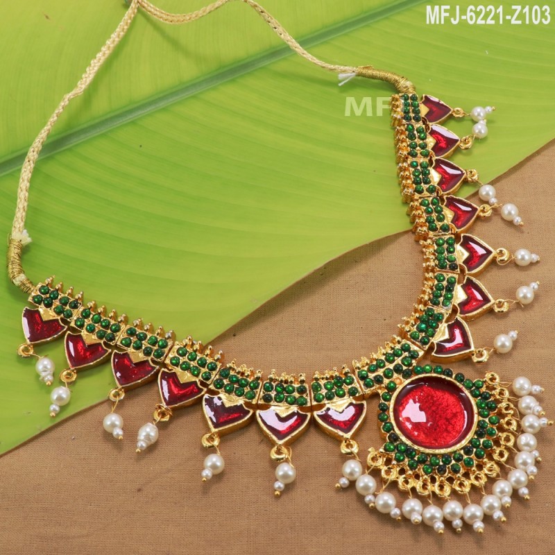 Pearl & Kempu stone Designar Necklace  -Temple Necklace-Dance Jewellery Online