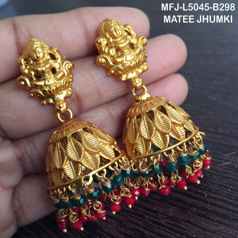 Ruby & Emerald Stones Lakshmi Design With Red & Green Beads Mat Finish Jumki Buy Online