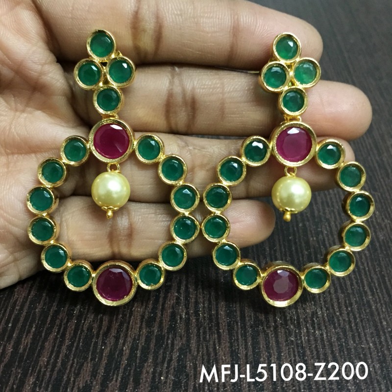 CZ & Emerald Stones Flowers & Leaves Design Gold Plated Finish Earrings Buy Online