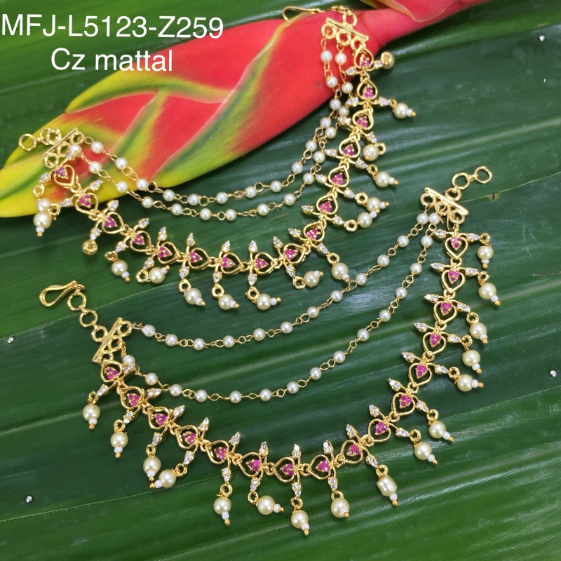 CZ, Ruby & Emerald Stones Leaves Design With Pearls Gold Plated Finish 3 Lines Mattel Set Buy Online