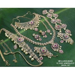 CZ & Ruby Stones Flowers & Peacock Design Gold Plated Finish Combo Bridal Set Buy Online