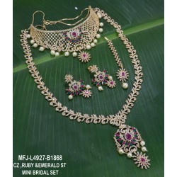 CZ, Ruby & Emerald Stones Flowers Design Gold Plated Finish Combo Bridal Set Buy Online