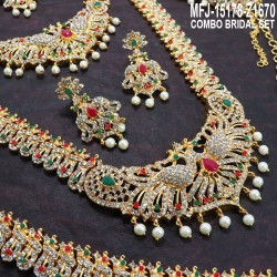 Australian Wight & Red Stones With Perls Peacock Design Gold Plated Full Bridal Set  Buy Online