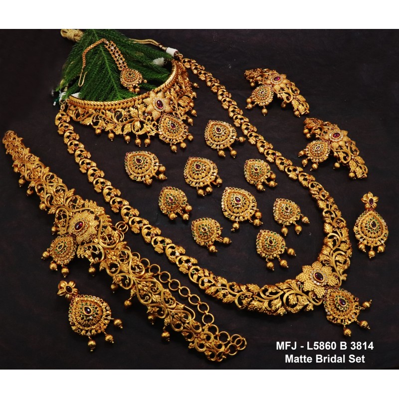 CZ,Ruby&Emerald Stones With Perls Peacock With Flowers Design Gold Plated Full Bridal Set  Buy Online