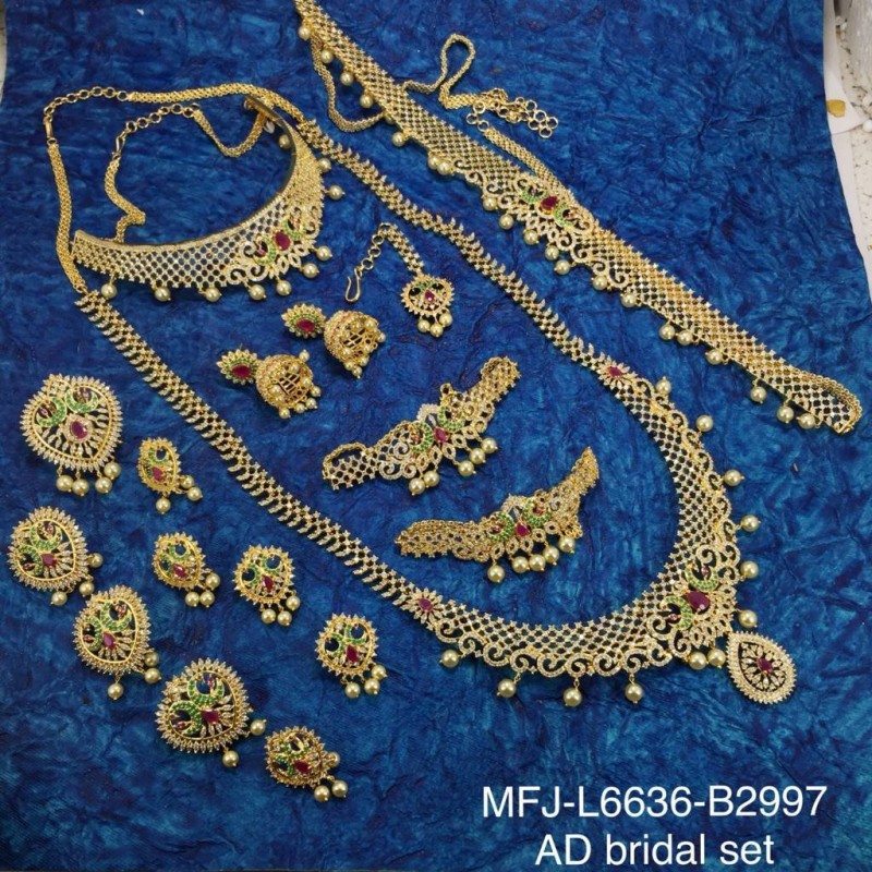 Ruby & Emerald Stones With Golden Balls Flower With Peacock Design Matt Finished Full Bridal Set  Buy Online