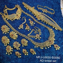 CZ,Ruby & Emerald Stones With Pearls Drops Flower With Peacock Design Gold Plated Finished Full Bridal Set  Buy Online