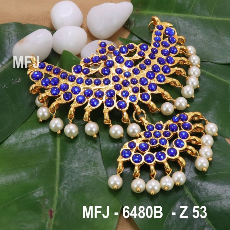Dark Blue & Green Colour Stones With Pearl Drops Peacock Design Rakodi For Bharatanatyam Dance And Temple Buy Online