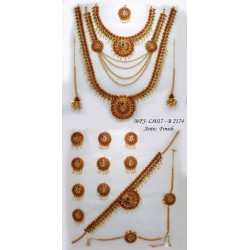 Ruby,Emerald Stones With Pearls Drops Peacock Design Antic Plated Finished Full Bridal Set  Buy Online