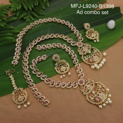 CZ,Ruby Stones With Pearls Drops Flower With Thilakam Design Gold Plated Combo Set Buy Online