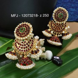 Green&Red Kempu Stones With Pearls Sun&Moon Design Earings With Mattel For Bharatanatyam Dance And Temple Buy Online