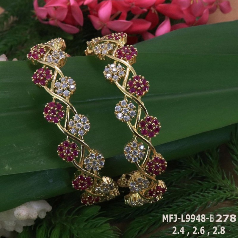2.6 Size CZ, Ruby Stones Flower Design Gold Plated Finish Set Bangles Buy Online