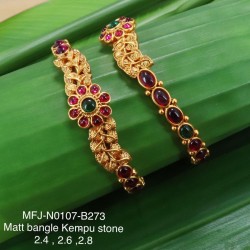 2.4 Size Kempu Ruby&Emerald Stoned Flower With Leafs Designer Mat Finished Bangles Buy Online