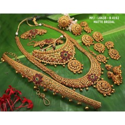 CZ,Ruby&Emerald Tones With Golden Balls Fower With Mango Design Matte Plated Finished Full Bridal Set  Buy Online