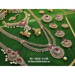 CZ,Ruby & Emerald Stones With Pearls Drops Flower Design Gold Plated Finished Full Bridal Set  Buy Online