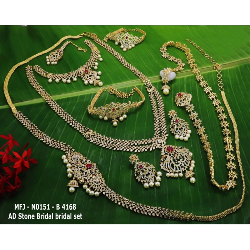 CZ,Ruby Stones With Pearls Drops Flower Design Gold Plated Finished Full Bridal Set  Buy Online