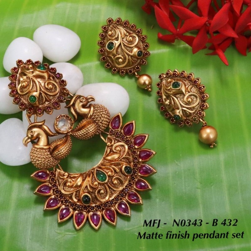 Ruby Stones With Golden Ball Double Peacock With Moon Design Mat Finish Pendant Set Buy Online
