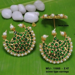 Red&Green Kempu Stones With Pearls Moon Design Screw Type Earrings For Bharatanatyam Dance And Temple Buy Online