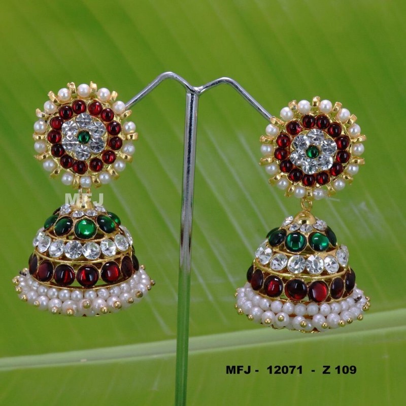 Wight,Red,Green Stones With Pearls Design Jumkas For Bharatanatyam Dance And Temple Buy Online