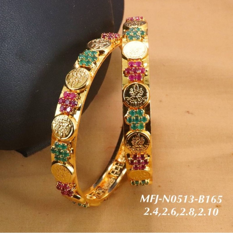 2.4 Size Ruby,Emerald Stones Kasu With Lakshmi Design Gold Plated Finish Set Bangles Buy Online